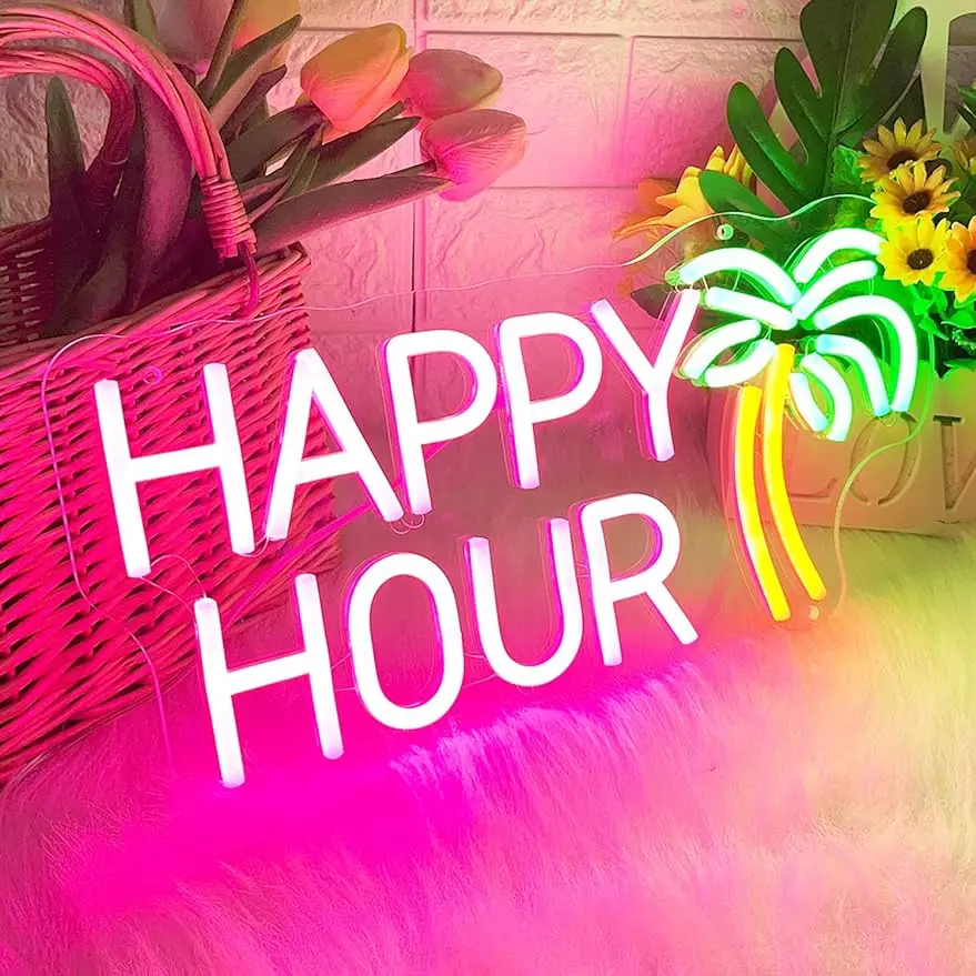 

Happy Hour Neon Signs Coconut Palm Tree Pink Neon Bar Light Sign for Wall Decor Home Bar Club Coffee Pub Hotel Wedding Decor