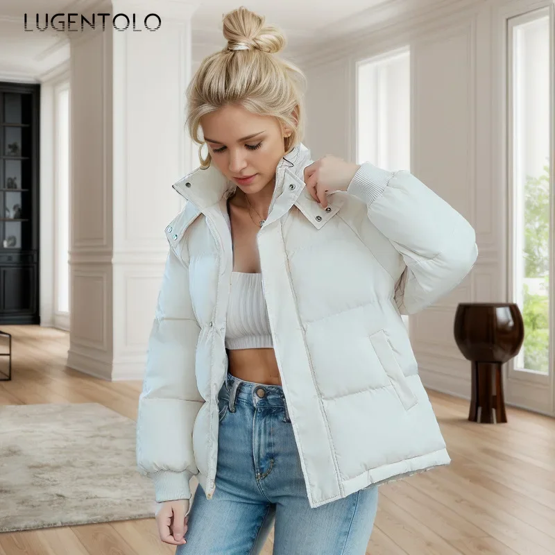 Women Casual Parkas Fall-Winter Hooded Thick Down Cotton Fluffy Bread Jacket Fashion Loose Warm Crop Coat Versatile Party Wear