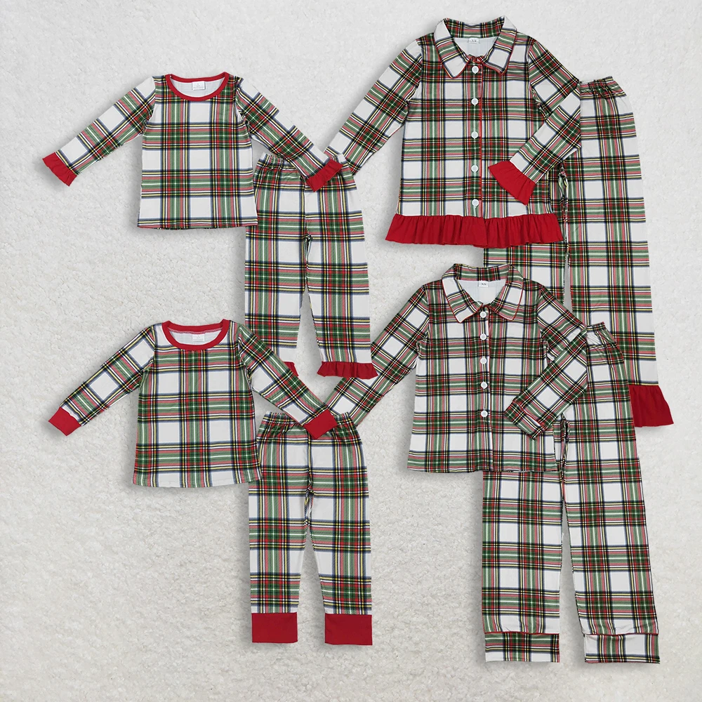 

Sibling Mom And Me Long Sleeves Green Red Plaid Christmas Pajamas Set Checked Top Pants Comfortable Sleepwear for during Holiday
