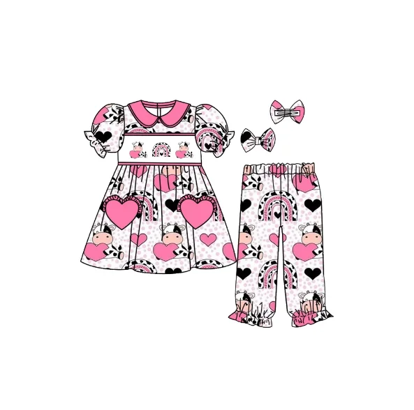 Valentine's Day boutique children's set short-sleeved elastic cow heart print trousers elastic girl set baby nightgown pajama se