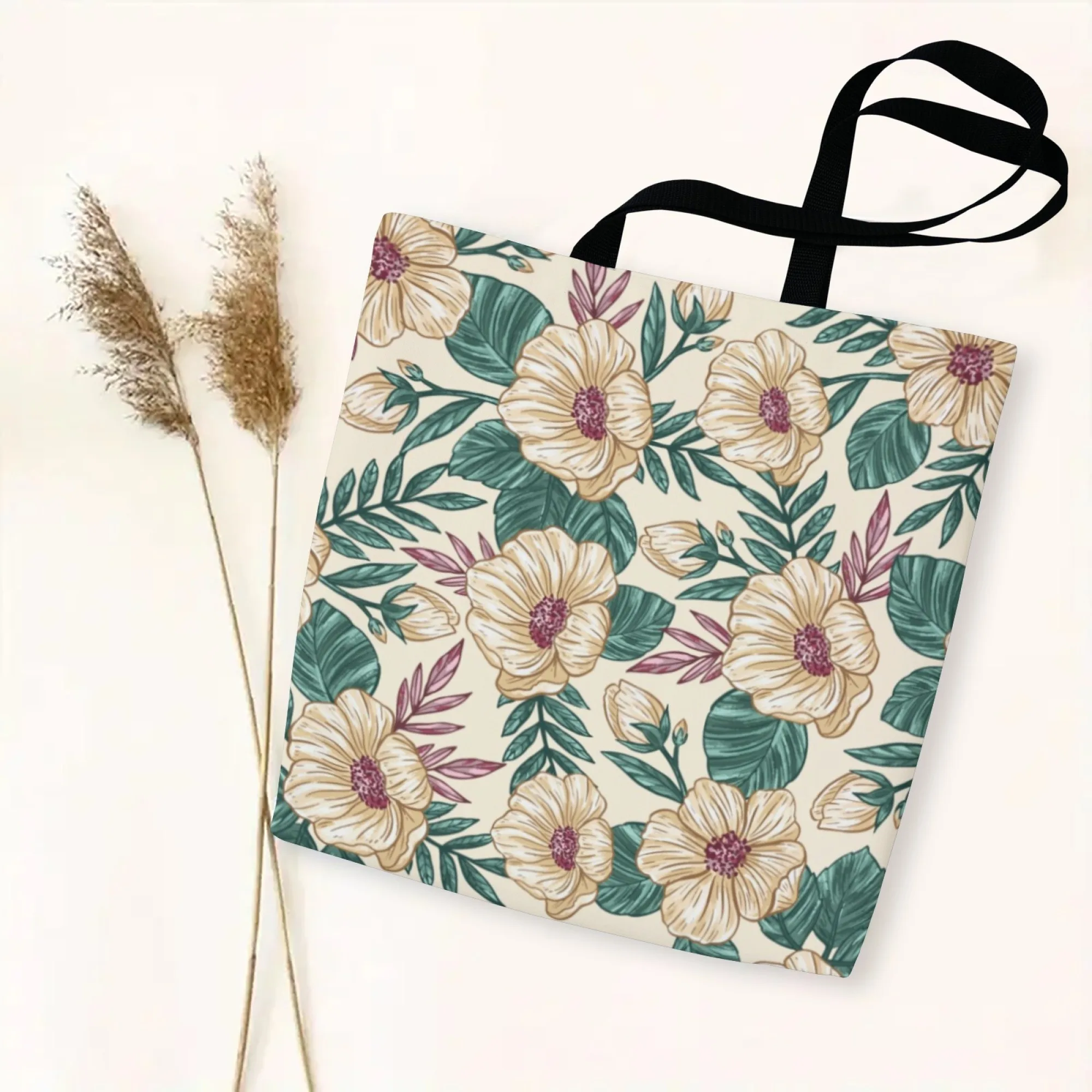 حقيبة كتف كاجوال كلاسيكية من القماش بنقشة الزهور باللون البيج النباتي حقيبة كتف للنساء حقيبة تسوق حقيبة يد متينة للعمل اليومي