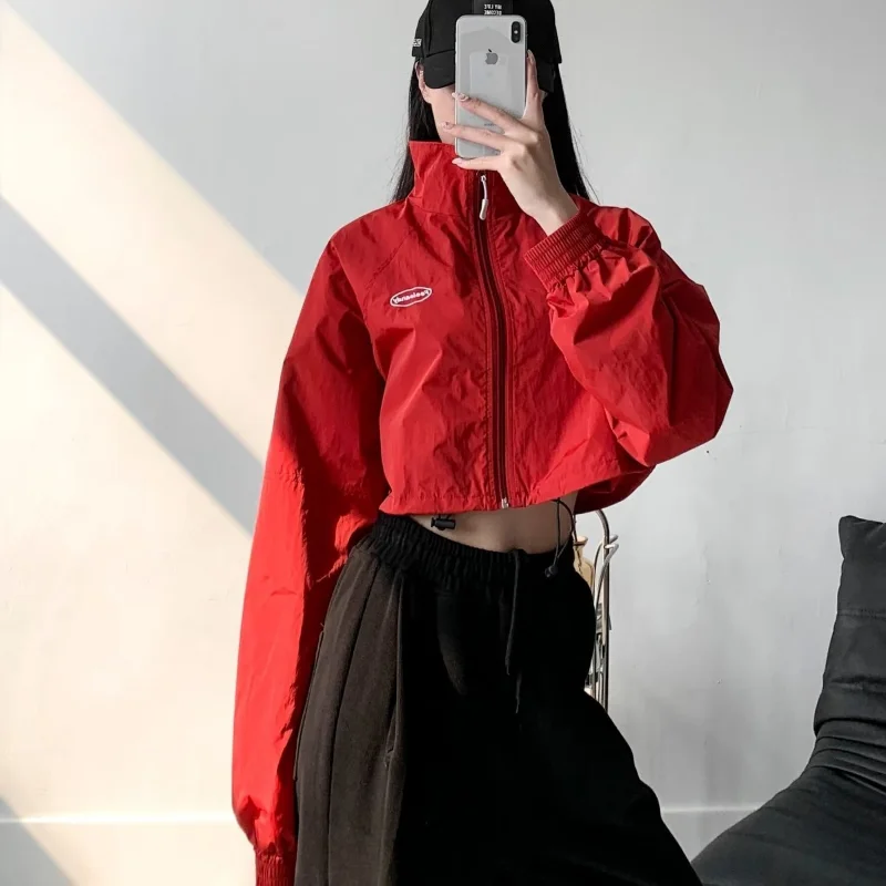 Cropped Track Jackets Women Vintage Zipper Windbreaks Streetwear Y2k Korean Fashion Gorpcore Girl White Black Short Outerwear