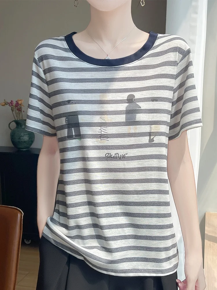 

Spring Autumn Loose Fit round Neck Stripe Color Block Silk Knitted Short Sleeve T Shirt Women's Casual Slimming Overhead Top