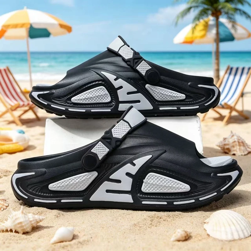 

Men's Techwear Sport Slides Black Grey Non-slip Thick Sole Adjustable Strap Summer Outdoor Slippers