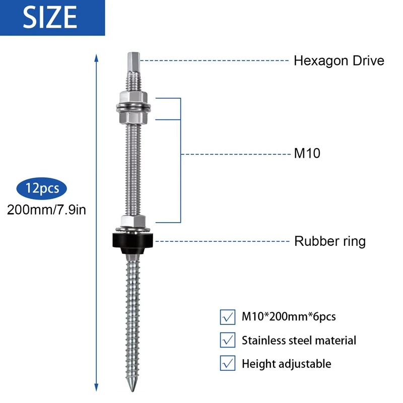 สลักเกลียวราวแขวนสแตนเลส M10 X 200มม., ประกอบล่วงหน้า, V2A, ปรับความสูงได้, สำหรับการติดตั้งพลังงานแสงอาทิตย์หลังคา, 8แพ็ค