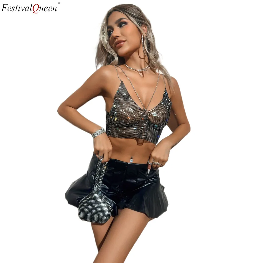 

FestivalQueen Sexy Tops For Women Sparkly Deep V Neck Crop Tank Tops Cami Body Chain Top Metallic Chain Top Party Club Night Ta