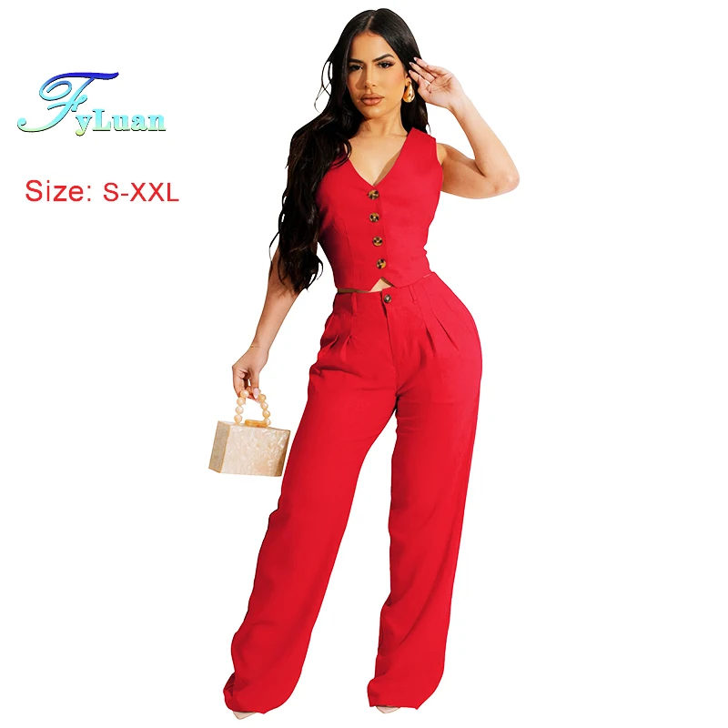 Set da due pezzi da donna alla moda Abito in tinta unita con scollo a V Gilet senza maniche Slim Fit Pantaloni lunghi a gamba larga solidi Set eleganti a vita alta