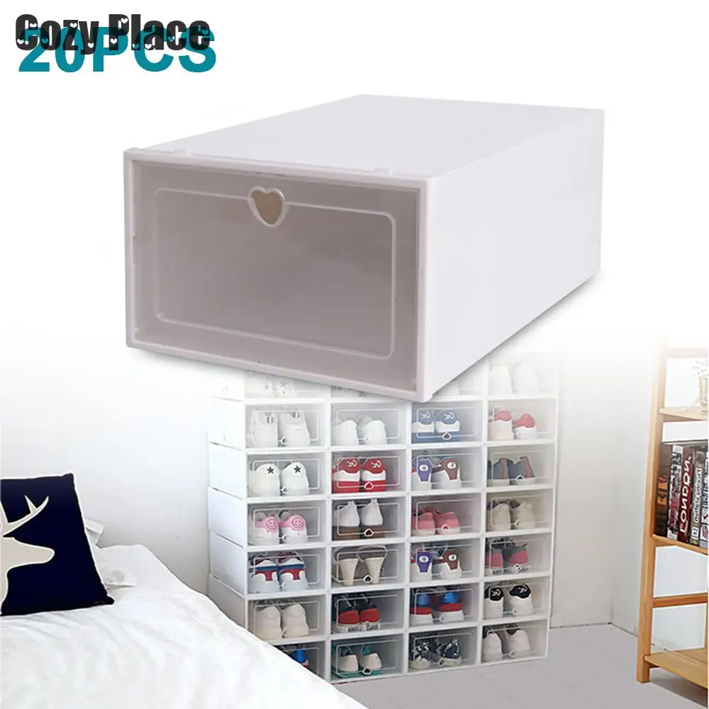 20pcs Shoe Cabinet Transparent Organizer System Stackable Plastic Shoe Case Rack Home Organization Shoes Organizer Box