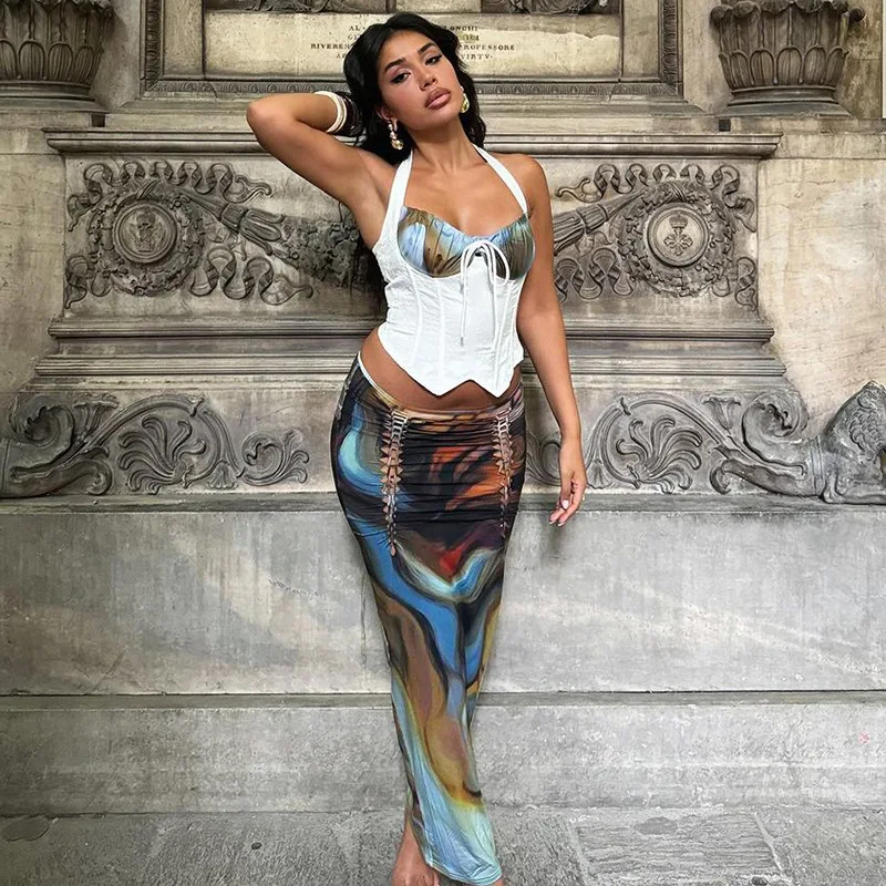 Summer Women's Sexy Hanging Neck Tank Printed Skirt Two-Piece Set Causal Elegant Women's Party Skirt Set