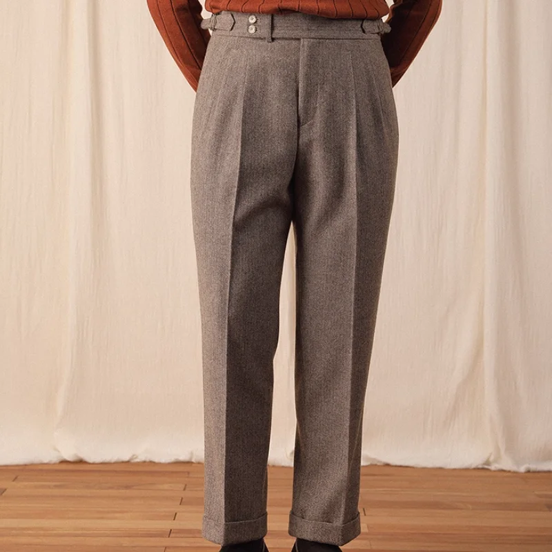 

Men's Winter Woolen Tweed Straight Leg Trousers Ltalian Style Non Ironing Herringbone High Waisted Pants