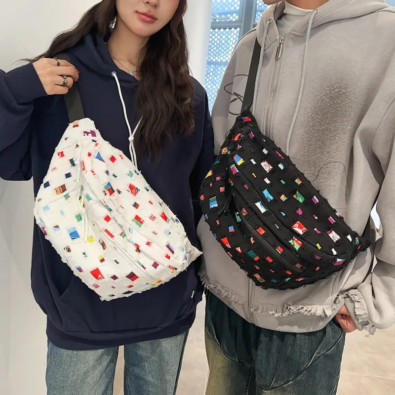 

Women's waist bag with color checkered color, large capacity, wear-resistant canvas chest bag, multi-function crossbody bag