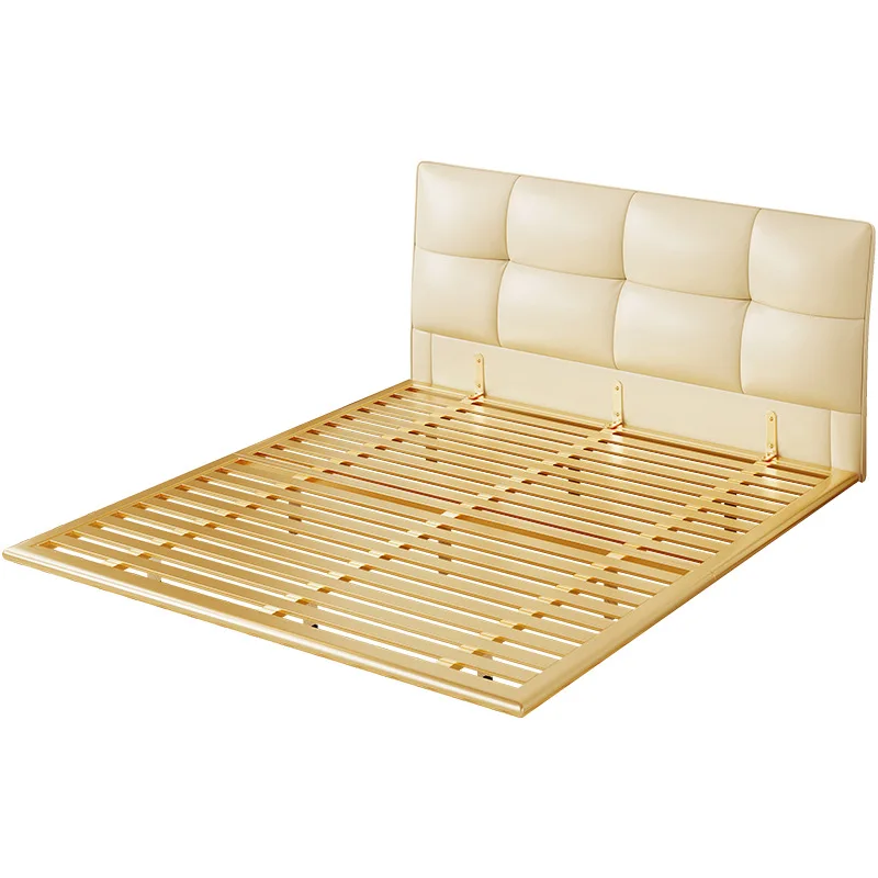 

Chocolate white French cream wind soft bag master bedroom light luxury double stainless steel frame leather suspension bed