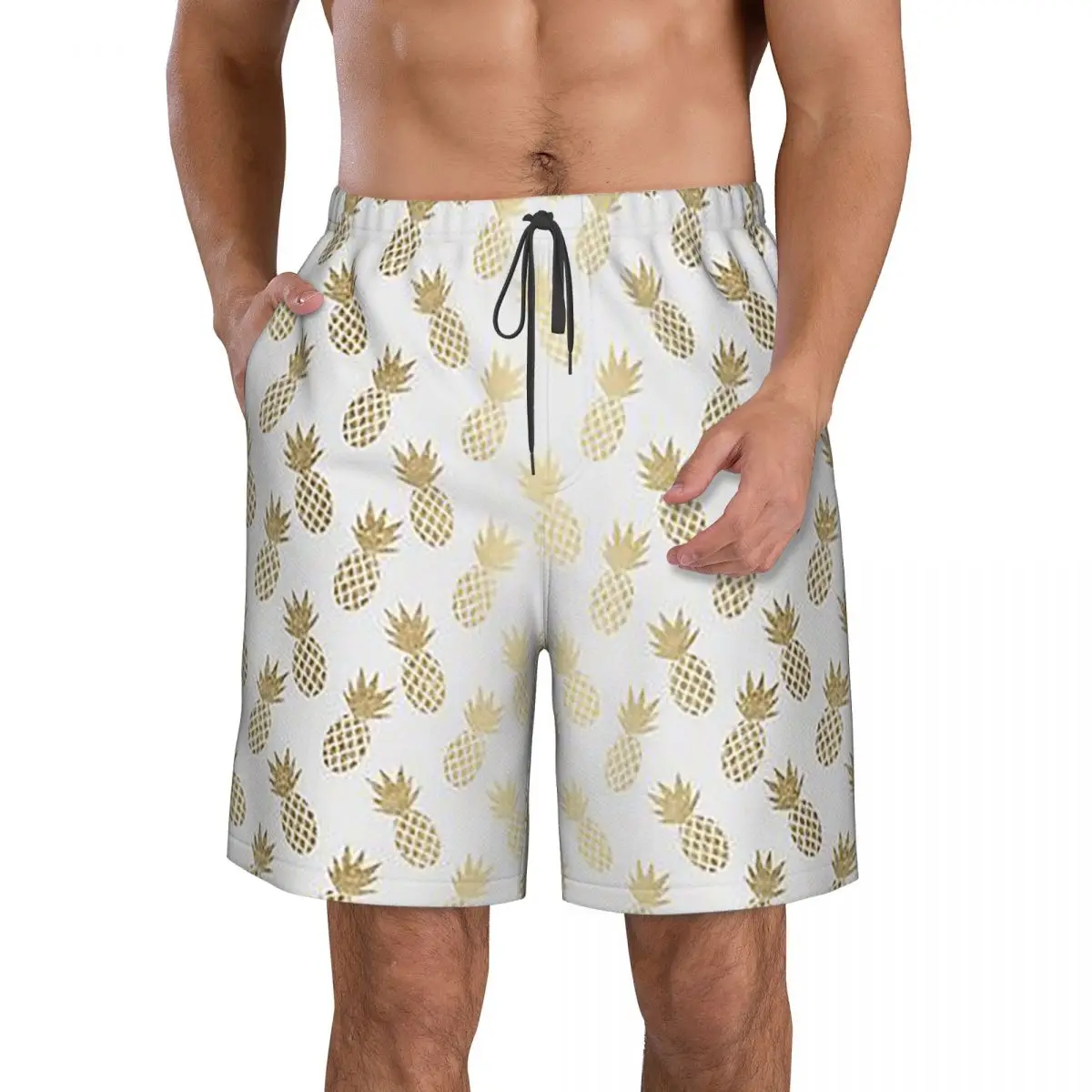 Celana Pendek Pantai Motif Nanas Emas, Celana Renang Kasual Cepat Kering untuk Pria Musim Panas