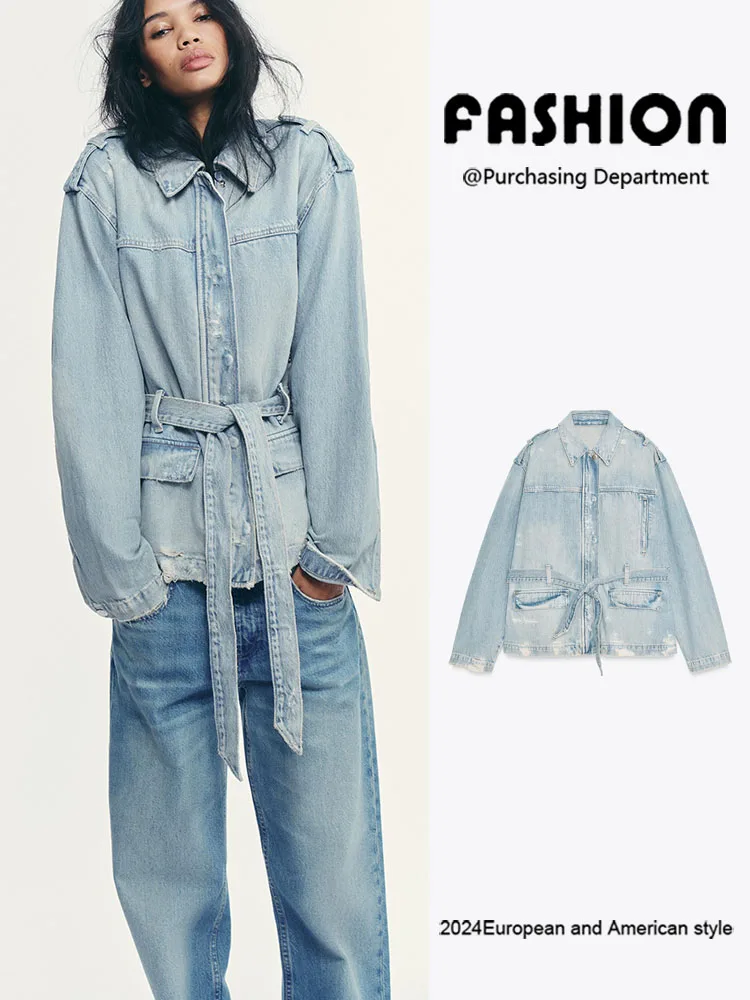 

Новая женская куртка-пальто из денима с поясом для коррекции фигуры, украшенная этническими элементами, для выступлений, осень 2025