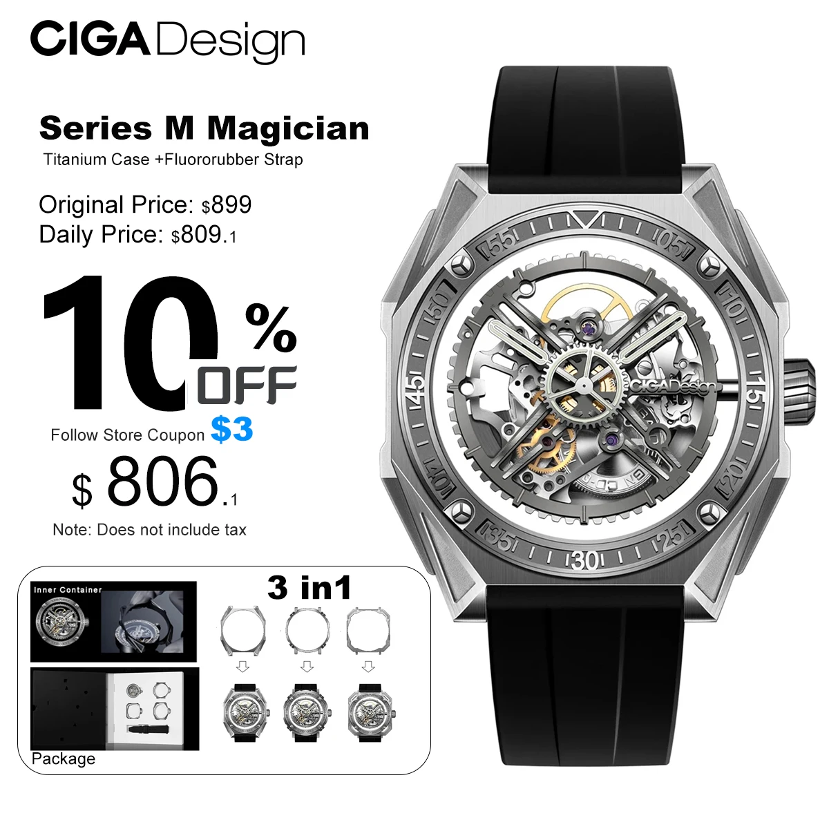 

CIGA Design 3 in 1 Titanium Automatic Watch for Men Magician Series Skeleton Mechanical Wristwatch Fluororubber Strap 3 Pcs Case