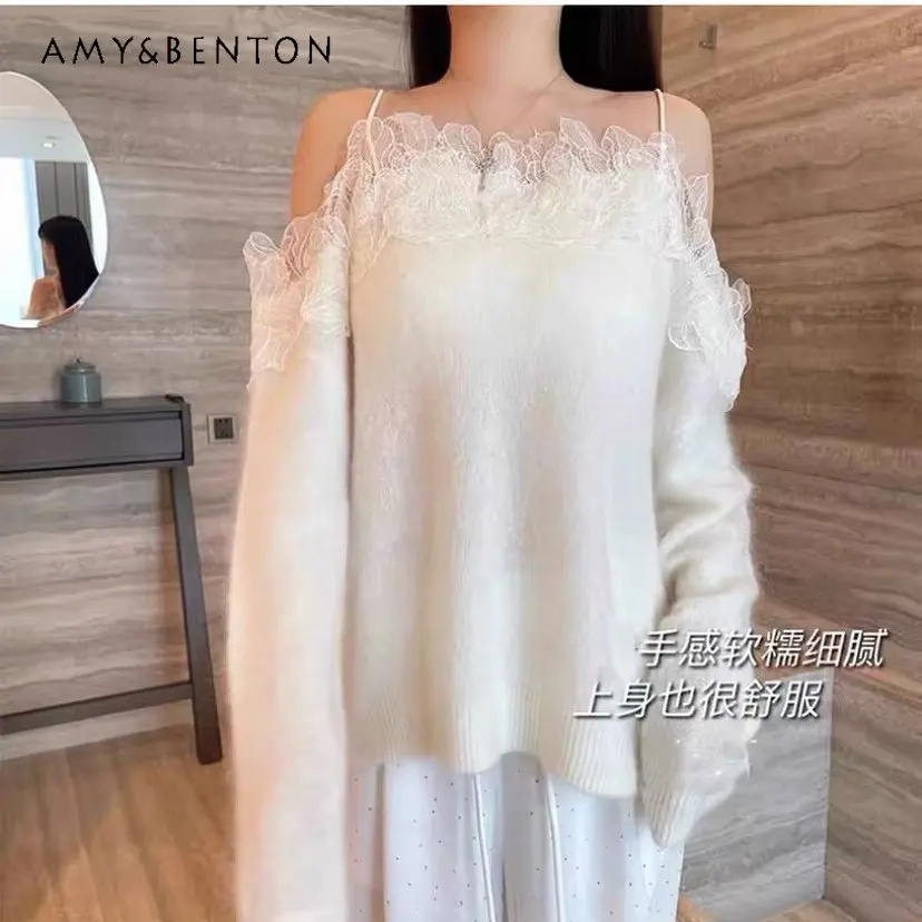 Refined Handmade Lace Off-the-Shoulder Sling Scheming Fairy Sweater for Women Elegant White Knitted Sweater for Ladies New