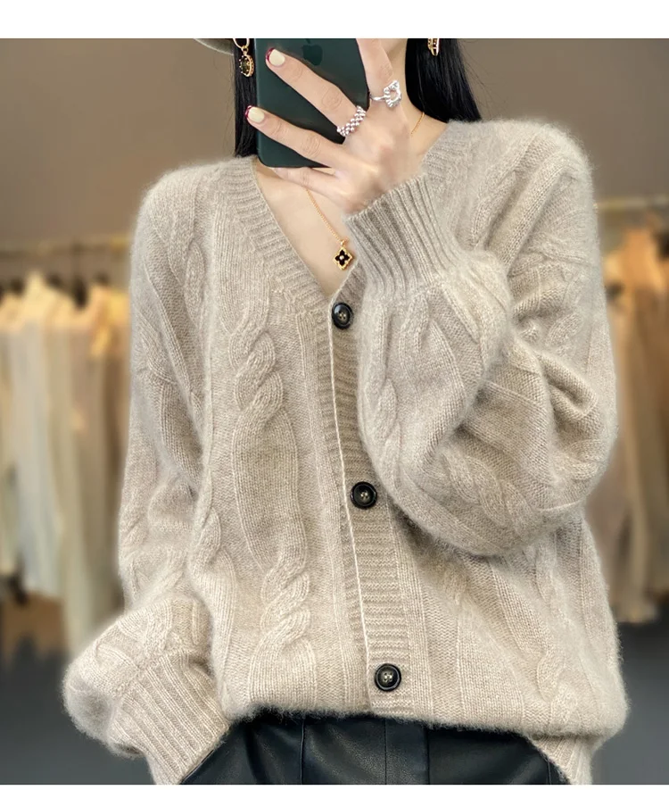 V-neck Cashmere Cardigan for Female, 100% Pure Cashmere, Twisted Flower, Long Sleeve, Thick Knit Coat, Loose Sweater Top