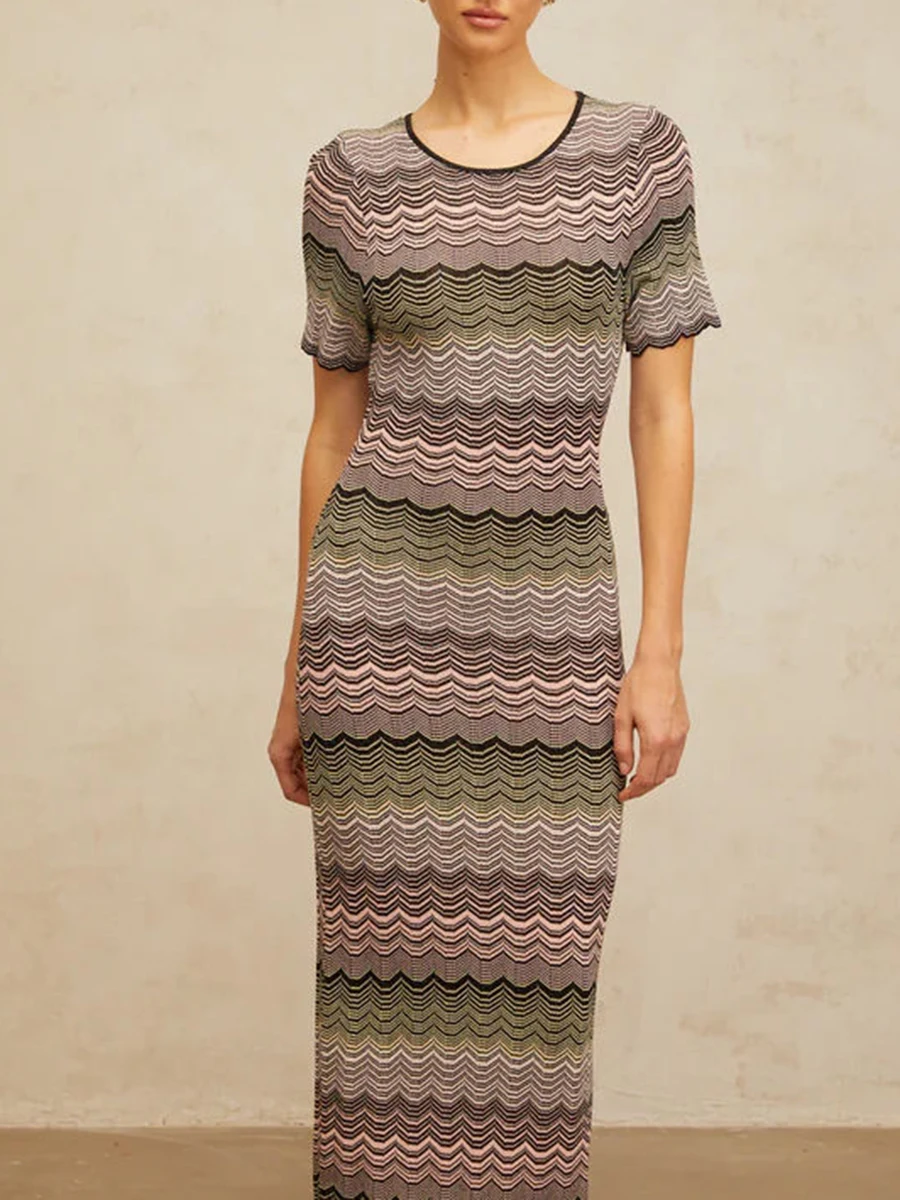 VGH Slim Fit Striped Printing Temperament Dresses For Women Round Neck Short Sleeve High Waist Elegant Dress Female Fashion New