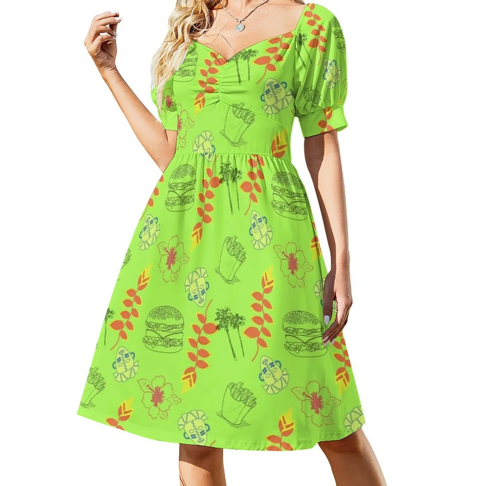 

Cheeseburger in Paradise Hawaiian Print Short-Sleeved Dress summer dress daily Women's dresses