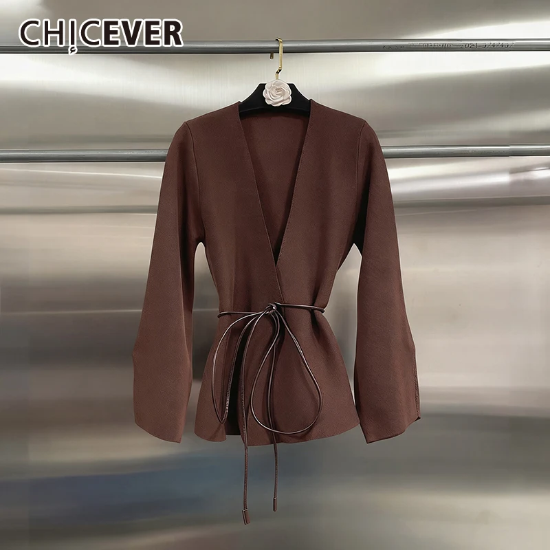 

CHICEVER Кофейная шикарная куртка на шнуровке, женская свободная винтажная куртка с v-образным вырезом и длинным рукавом, осенняя мода, новинка