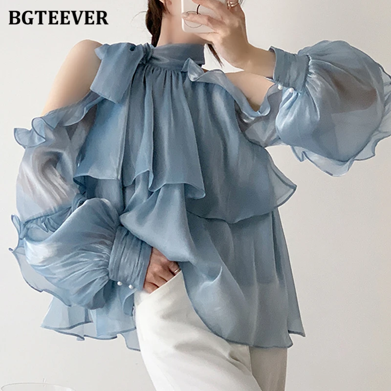 BGTEEVER Spring Autumn Lace-up Women Blouses Long Sleeve Off-the-shoulder Ruffles Ladies Shirts Elegant Female Tops