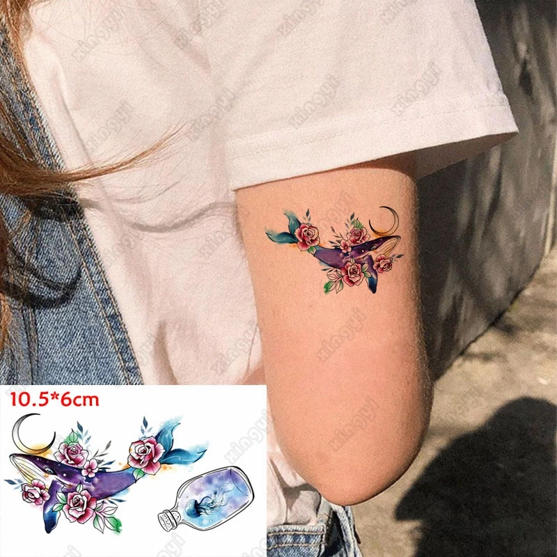 Faux tatouages temporaires en forme de dauphin pour femmes adultes, autocollant de bras, lune, baleine, pin