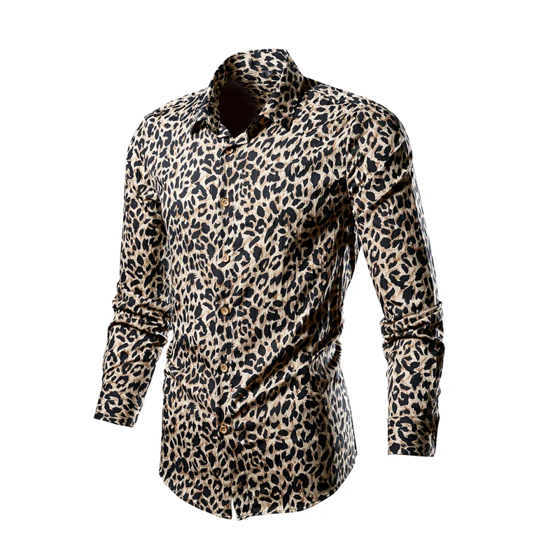 

Leopard print Men Leopard Print Long-sleeved Shirt, White Single-breasted Button-down Collar Printed Shirts, Asian Size M-6XL