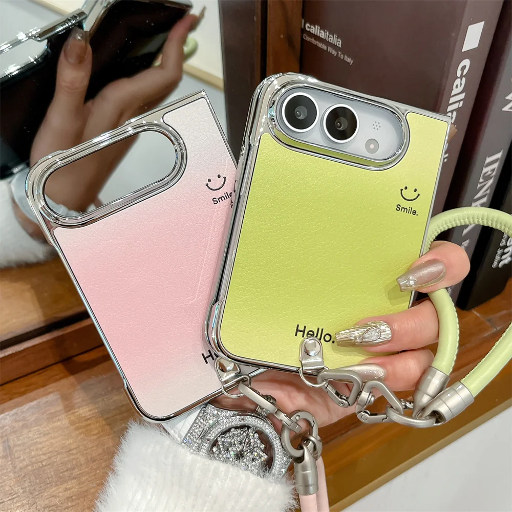 Cute Hello Letter Phone Case For iPhone Duo Frame Shell Wrist Hand Strap Gradient Solid Color Shockproof Protective Cover