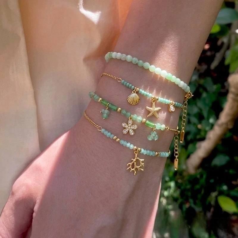 Stainless Steel 18K Gold Plated Green Beaded Stackable Bracelet Ocean Starfish Shell Coral Charm Bracelet Women Fashion Jewelry