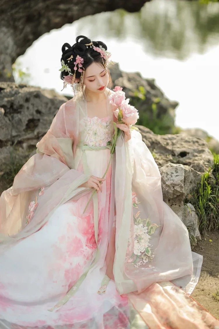 Chinese Hanfu Dress Women's Peony Flower Embroidery Large Sleeve Shirt Gods Tang Dynasty Spring Summer 2024 Vintage Hanfu Sets