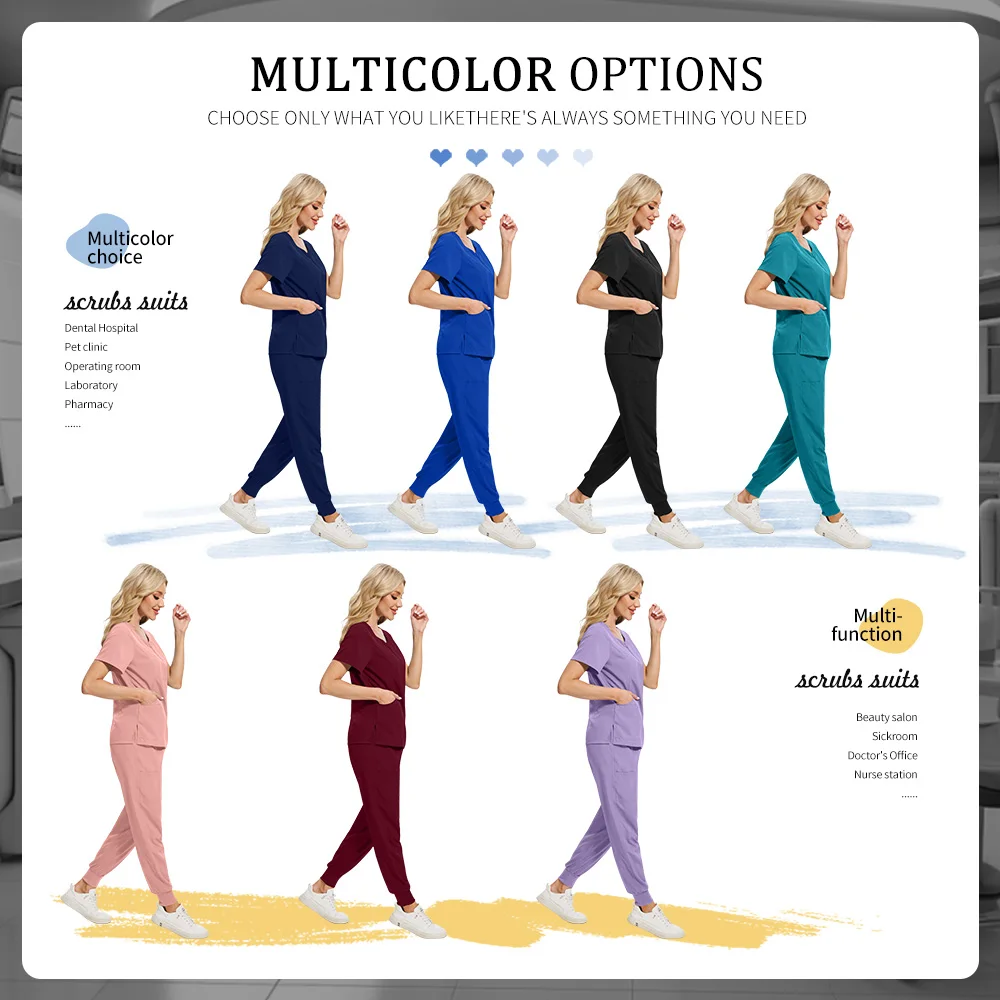 2 Stuks Verpleegster Uniformen Vrouwen Mannen Korte Mouwen V-hals Tops + Joggingbroek Scrubs Pakken Effen Kleur Ziekenhuis Arts werken Uniform