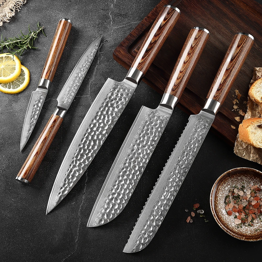 

Damascus Chef Knife Set 1-5PCS Super Sharp Kitchen Knife Hammered forged Chef Knife Non-stick Blade Ergonomics wooden handle