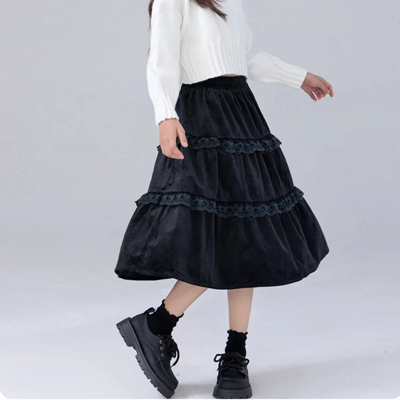 Velvet Skirt for Girls Lace Patchwork Casual All-match Kids A-line Skirt Autumn Winter Warm Daily Princess Costumes 8 10 12 Year