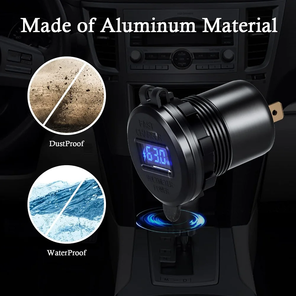 Metal Dual 90W USB C Type C PD Fast Car Charger Dual USB Ports with Voltage Display for SUV Motorcycle Truck Boat Bus RV ATV