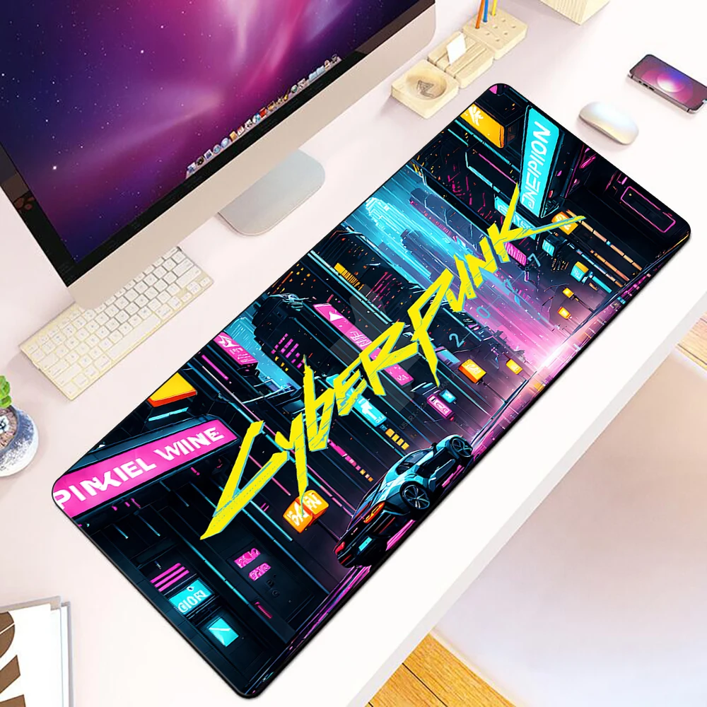Podkładka pod mysz dla graczy w cyberpunkowe gry science fiction, druk HD, obszyta krawędziami, antypoślizgowa, XXL 90x40cm, podkładka na biurko pod klawiaturę i PC. — zdjęcie produktu 3