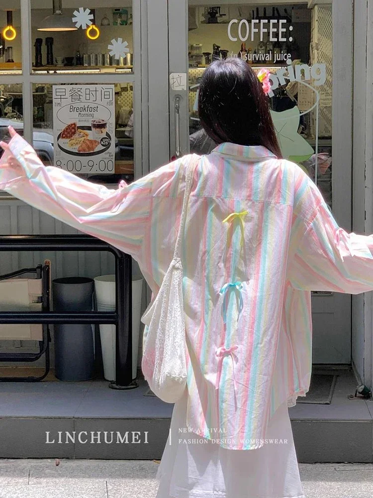 Zoki قوس قزح مخطط قميص المرأة عادية فضفاض الحلو الكورية بلوزة خمر كم طويل أنيق لطيف القوس سيدة الربيع الصيف القمم #3