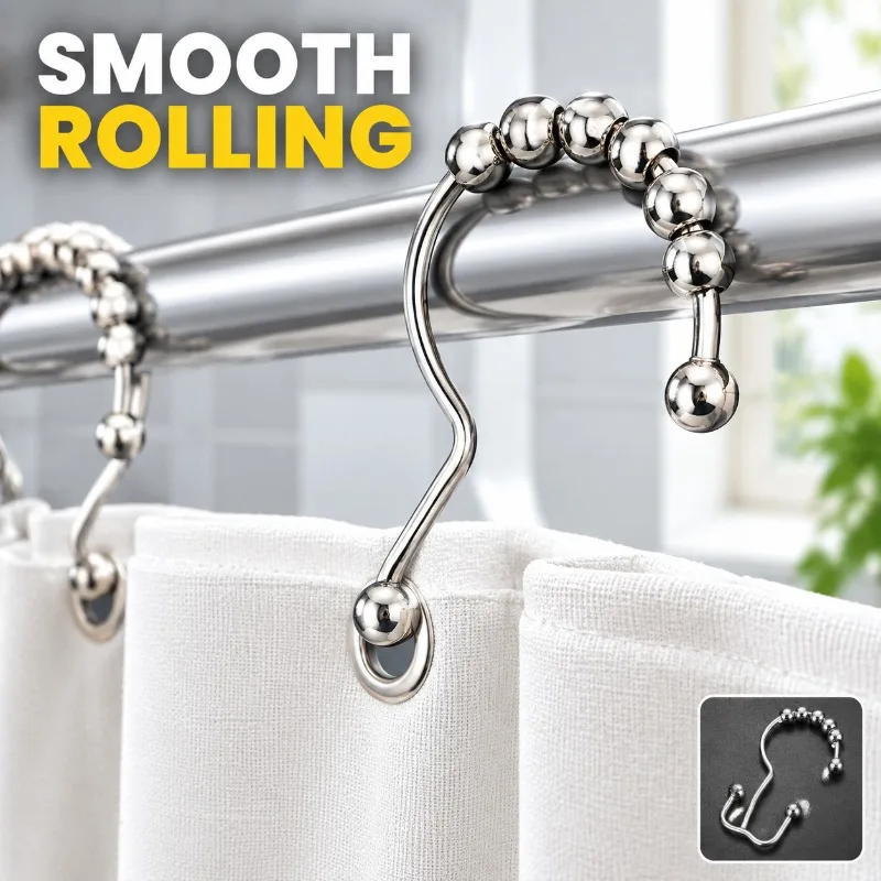 Shower Curtain Hooks, Double‑Sided Ball Bearing Roller M‑Shape Hooks, Smooth Sliding Hanging Rings for Bathroom Kitchen Home