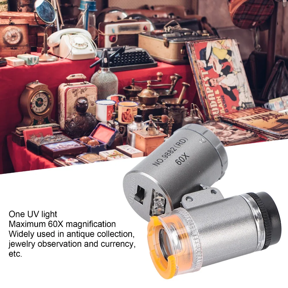 Durable 60X Magnification Pocket Microscope 2 LED Lights ABS Mini Microscope 1 UV Light Handheld Microscope Educational Use