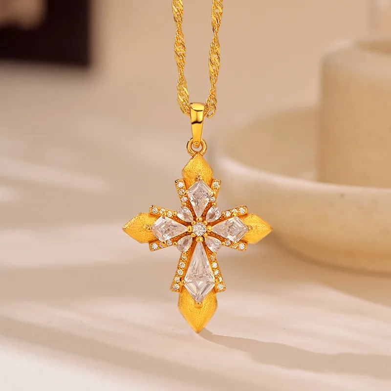 

Luxury 24K 9999 Pure Gold real gold Women's Diamond Cross Pendant Necklace