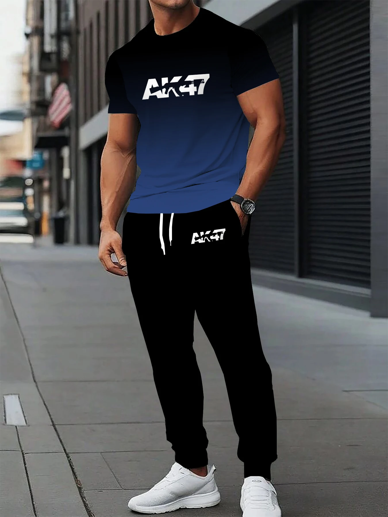 

Men's summer casual sports short sleeved T-shirt and pants set with round neck design micro elastic fabric and pockets