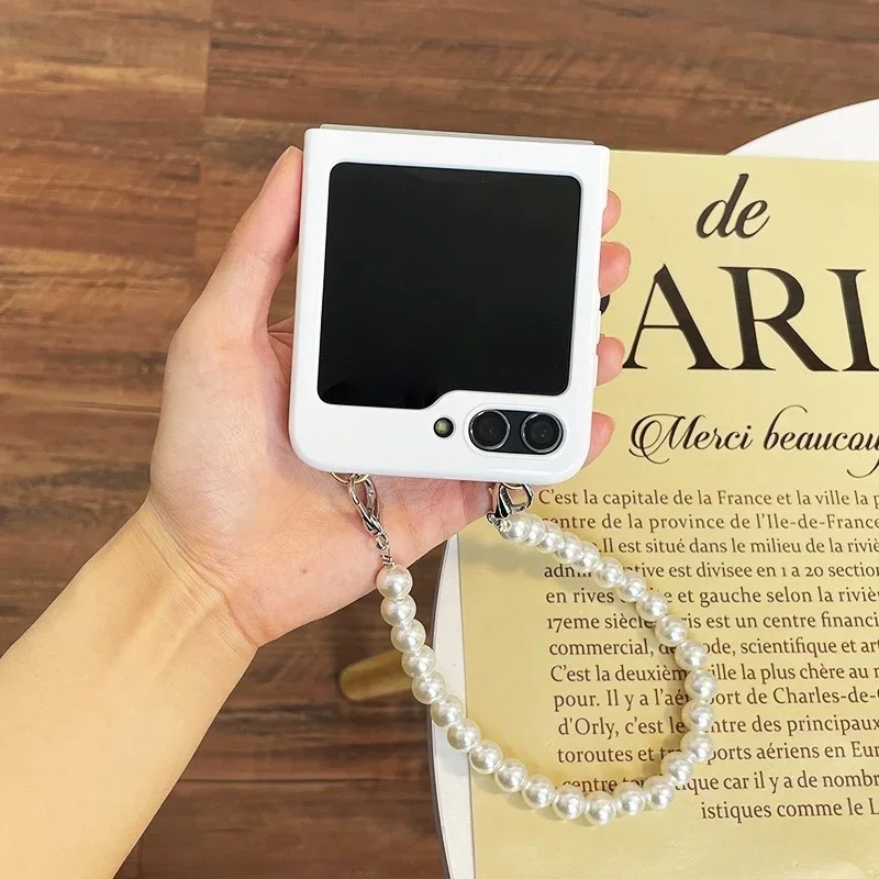 الكورية بسيطة الأبيض قضية الهاتف مع الكتف حزام طويل حبل اللؤلؤ لسامسونج غالاكسي Z فليب 7 6 5 4 3 5G الغطاء الخلفي