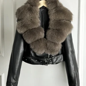 نسائي خمر بو جلد جاكيت قصير مع حزام نسائي ملابس الشارع معطف ريترو بسحاب ثعلب حقيقي فرو طوق كبير ملابس خارجية 2022 أعلى 8 مبيعات معطف فرو الثعلب الحقيقي - رقم 4