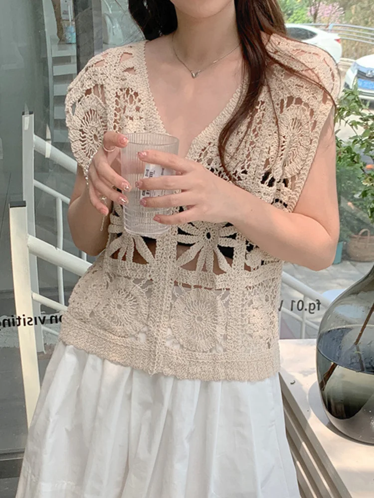 

V-Ne кружевной ажурный жилет без шнуровки, винтажный летний Новое поступление, модная верхняя одежда, женский свободный хлопковый топ