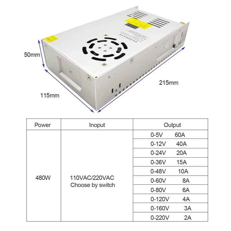 Imagem -06 - Fonte de Alimentação de Comutação Display Digital Tensão Ajustável 05v 12v 24v 36v 48v 60v 80v 120v 220v 300v 24v 20a 48v 10a 480w