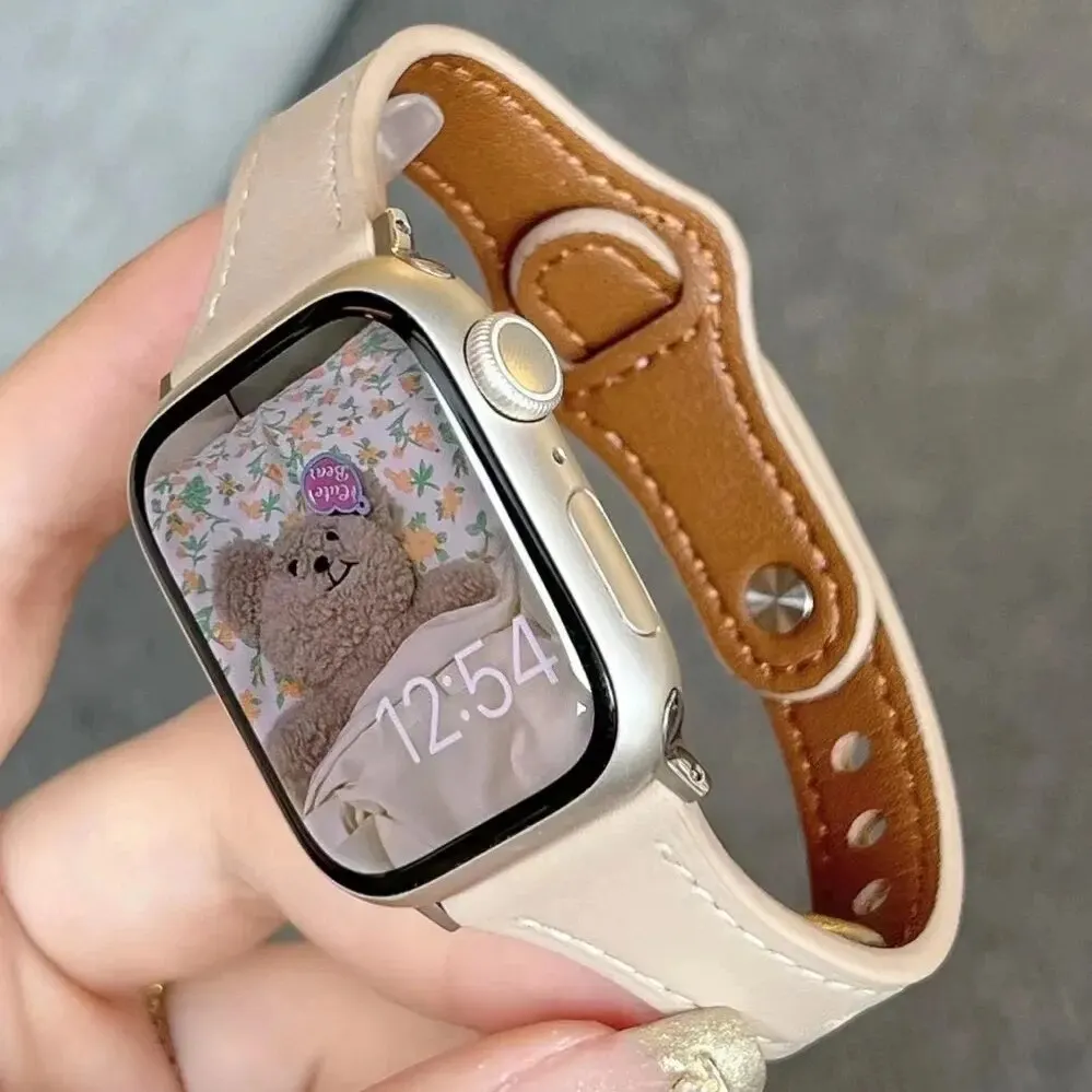 

Slim Real Leather Band For Apple Watch 9 8 7 41/45mm Correa Girl Strap 40mm 44mm 38/42mm 49 Bracelet For IWatch Series SE 6 5 4