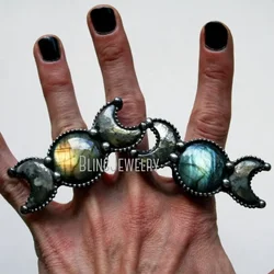 10 pezzi Labradorite pirite Crescent Moon Statement Ring Halloween Goth Gothic Retro Stainless Steel Boho Women Jewelry Cool Stuff