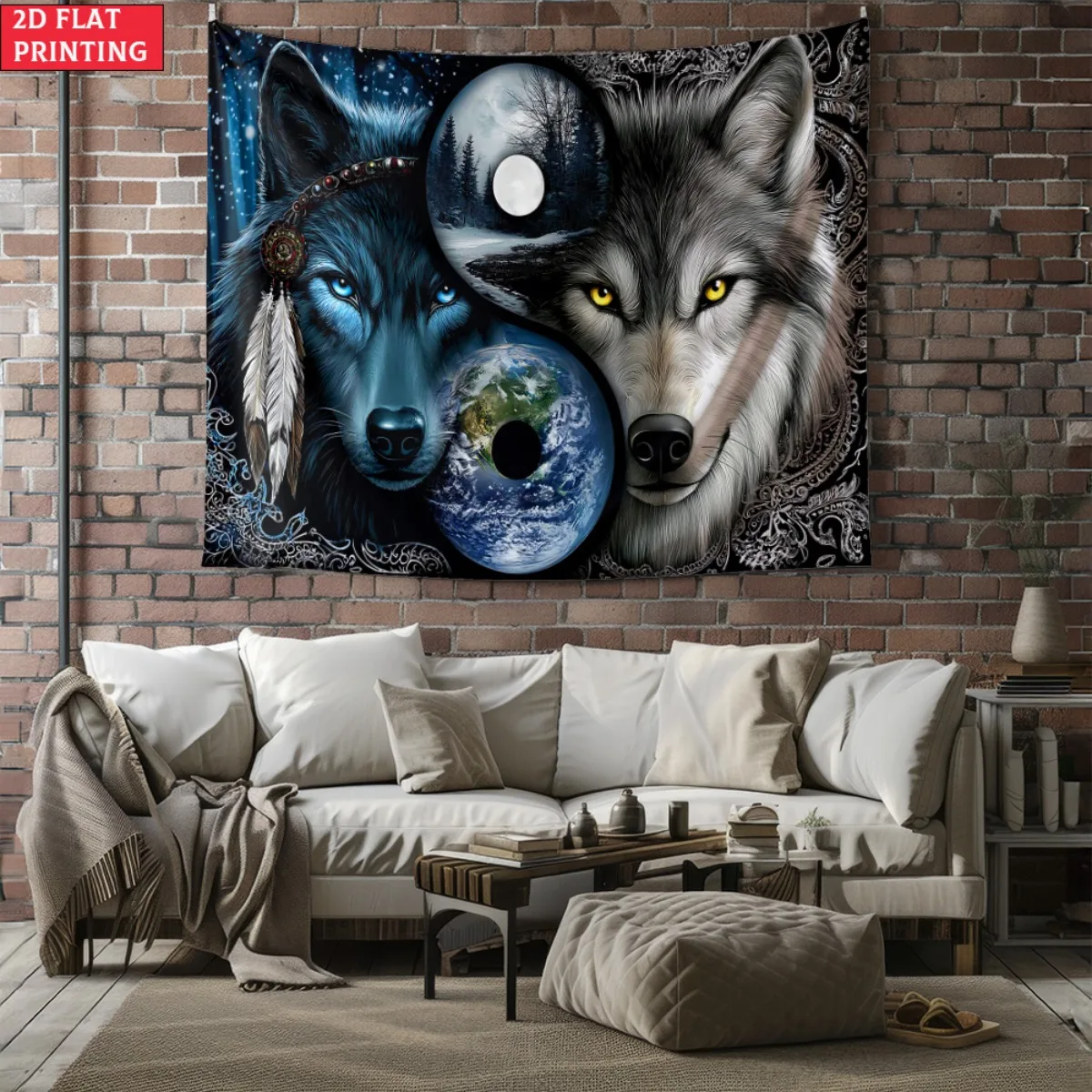 unframed Wolf yin yang moon earth tapestry living room wall art spiritual animal print native american tribal design cosmic bala