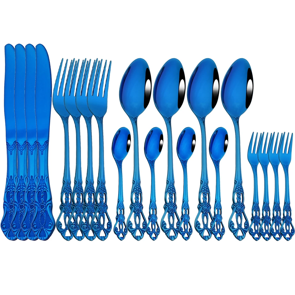 4/20Pcs Blue Tableware Set Vintage Dinner Knife Cake Fork Long Spoon Dinnerware Set Kitchen Stainless Steel Cutlery Flatware Set