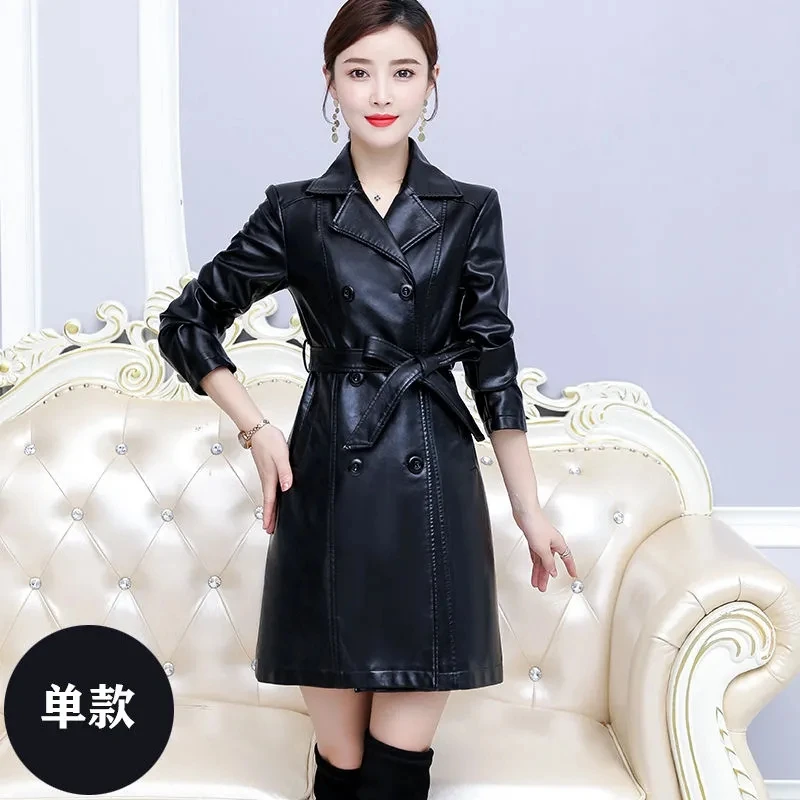 

2025 Women's Slim Fit Long Leather Jacket Double Breasted PU Leather Windbreaker Luxury Casual Outwear Spring Autumn Coat Y2K