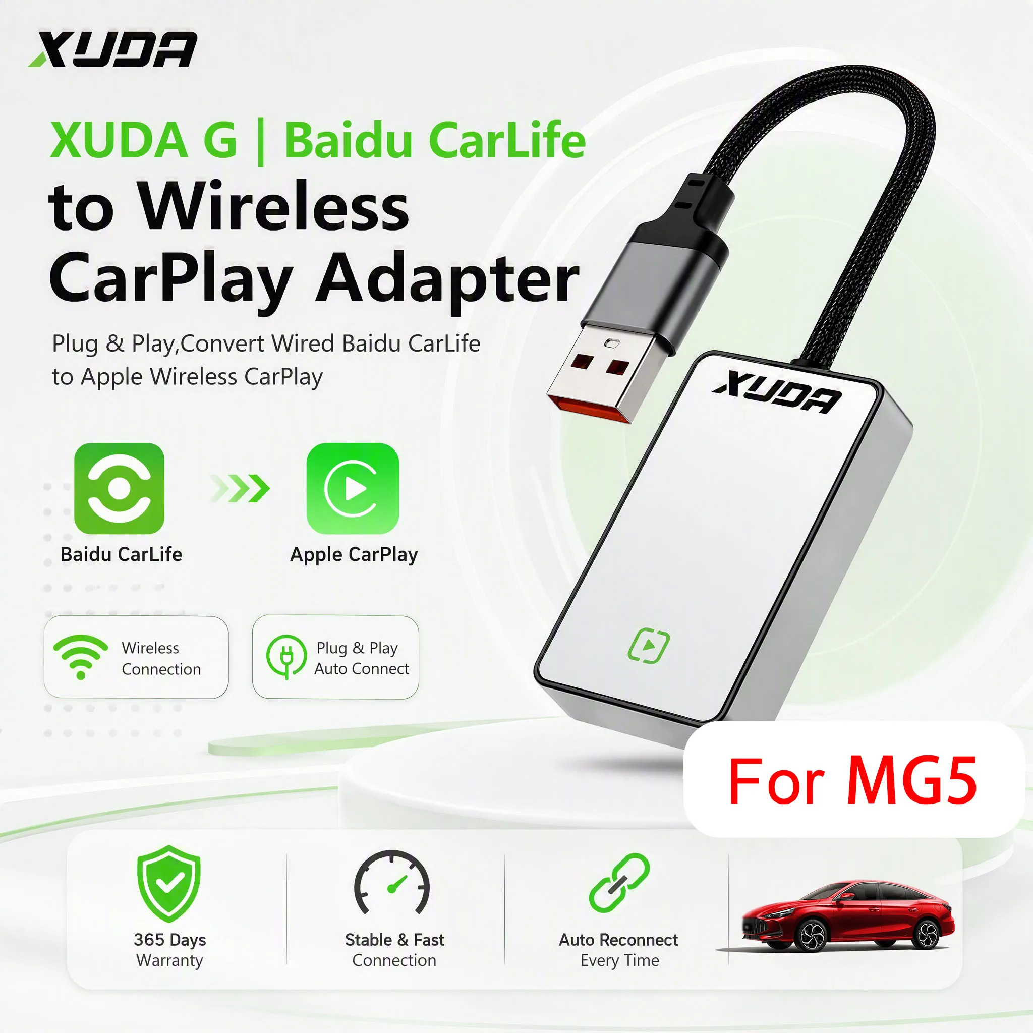 XUDA For MG5 Smart Box wired to wireless Apple CarPlay Android Auto Baidu CarLife Google Map Music Waze WiFi BT,plug and play.